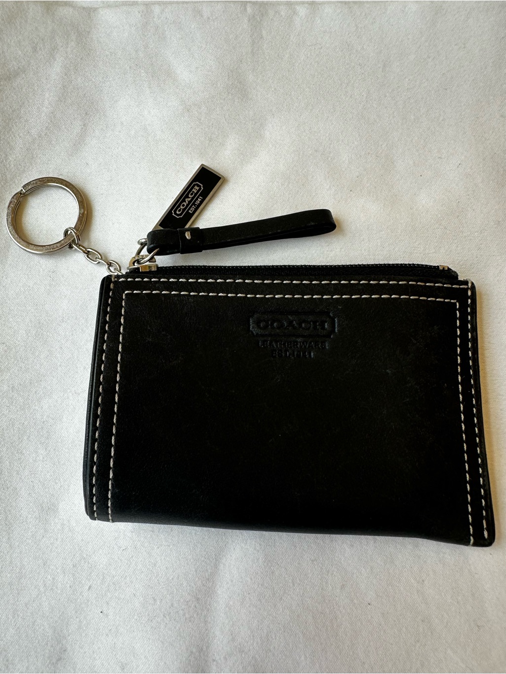 Coach Black Leather Wallet Key Ring Contrast Stitching Coin Purse Y2k